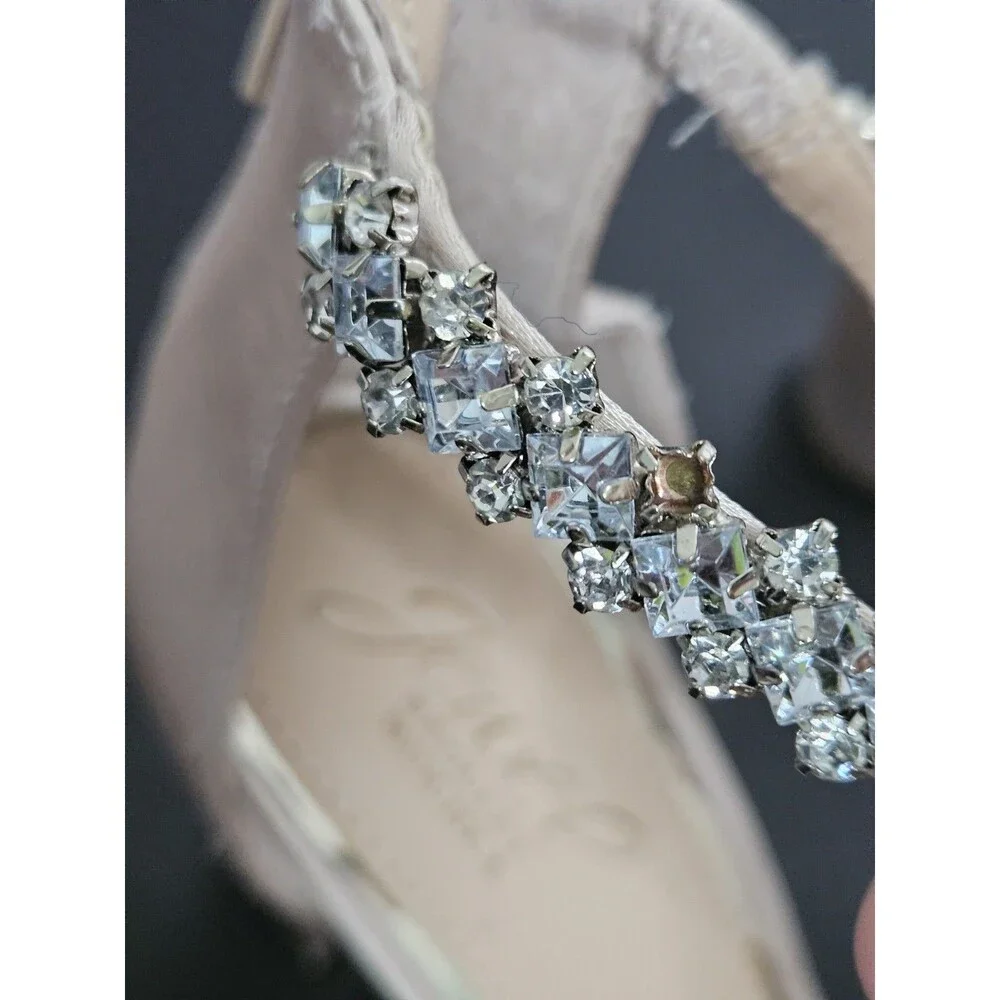 Sz 7.5 -Jewel Badgley Mischka Rhinestone Open Toe Ankle Strap Heel Champagne